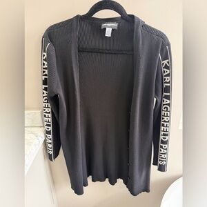 Karl Lagerfeld Black Ribbed Open-Front Cardigan with Logo Sleeve Tape